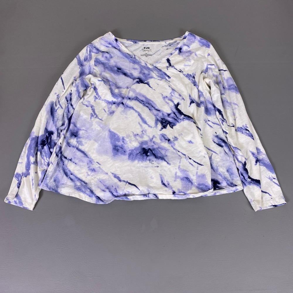 EVRI‎ Everyday Top Tee Women's 1X Purple White Marble Tie Dye Long Sleeve V-Neck